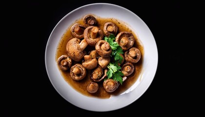 Fototapeta premium Delicious button mushrooms with parsley and sauce filling a white plate on a black background