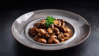 Fototapeta premium Delicious sauteed mushrooms garnished with parsley in an elegant bowl