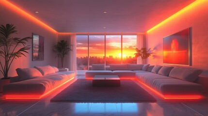 Sunset city view modern living room ambiance