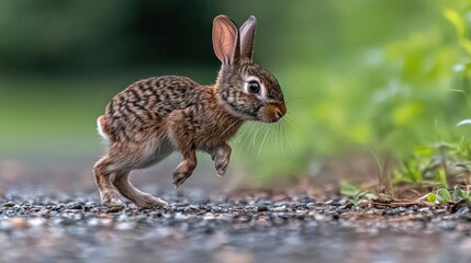 Obraz premium Brown Spotted Rabbit Running on a Gravel Path