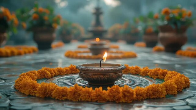 Floral rangoli pattern created with marigold flowers surrounds lit clay lamps in a serene temple setting, reflecting the essence of a vibrant Hindu festival celebrating Indian culture.