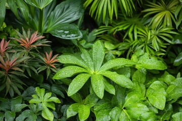 Lush Green Foliage with Water Drops on Leaves, Tropical Plants and Vibrant Colors in Nature