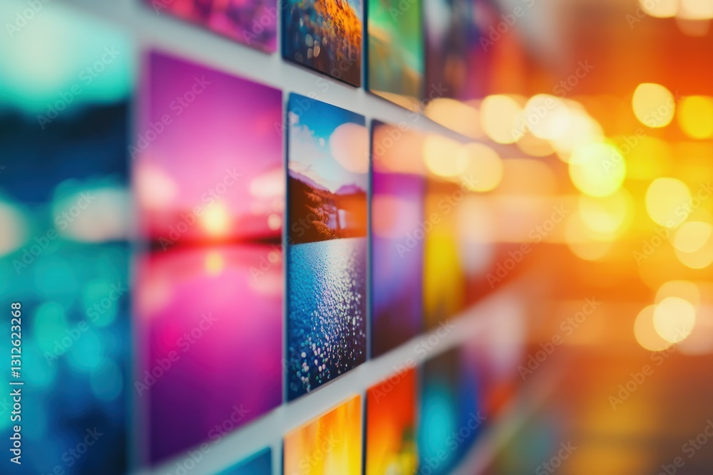 Poster colorful collection of vibrant photographs displayed in a gallery setting with bokeh effect