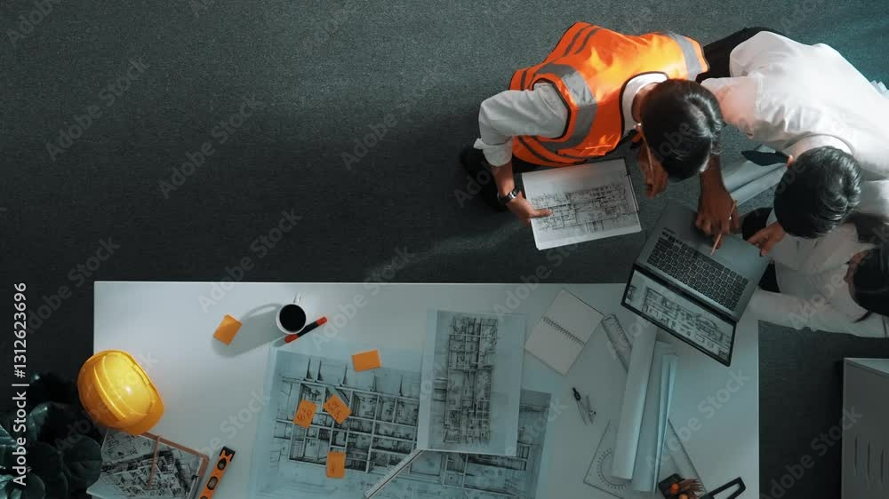 Aufkleber top view of smart architect and skilled civil engineer team working together to design building cons
