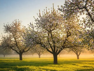 Fototapeta premium flowering trees in the garden at sunrise