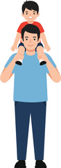 A father carrying his smiling son on his shoulders in a flat, cheerful vector illustration showcasing a loving bond and joyful interaction between them.