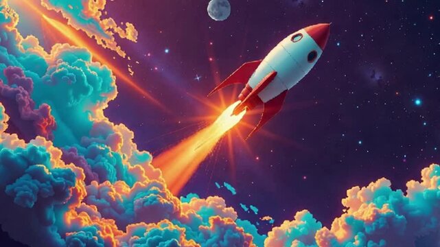 Rocket launching into space with colorful clouds and a vibrant cosmic background and copy space

