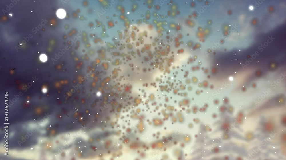 Poster floating colorful particles over cloudy sky background, creating animation effect