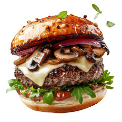 A Fresh Burger with Melted Swiss Cheese and Mushrooms Isolated on Transparent Background