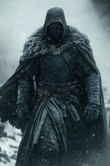 Fototapeta premium Snow-covered warrior, winter landscape, hooded figure.