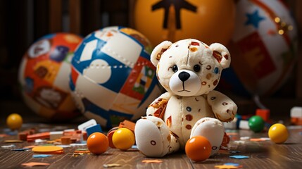Teddy bear with colorful balls on a wooden surface
