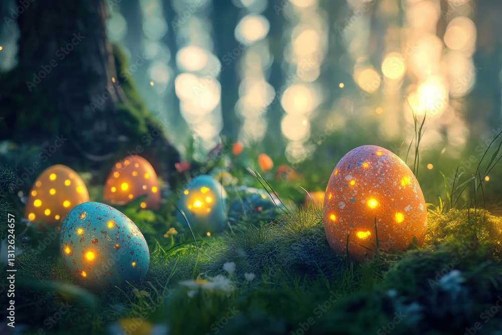 Poster colorful glowing easter eggs in enchanted forest setting at dusk with soft bokeh effect
