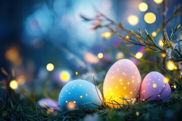 Colorful Easter Eggs on Grass with Dreamy Lights in a Soft Spring Evening Background