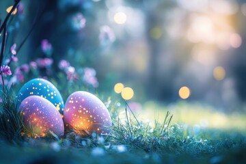 Colorful Easter Eggs Nestled in Grass Surrounded by Soft Glowing Lights and Spring Blooms