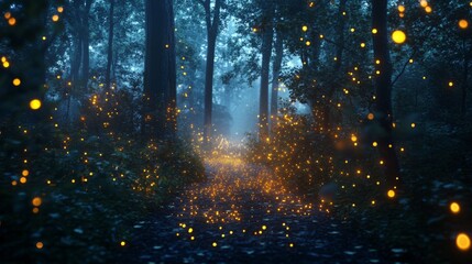 Fototapeta premium Magical lights of fireflies dancing in a dark and mystical forest generative ai