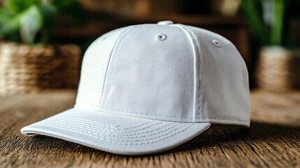 White baseball cap on a wooden table with blurred background

