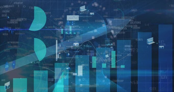 Animation of digital data visualization with graphs and charts on blue background