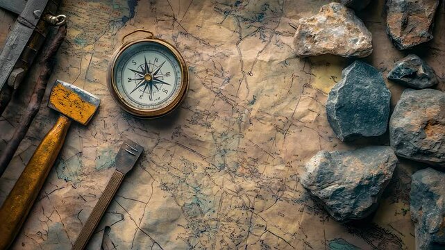 Geologist tools and compass on an old map footage. Exploration gear background motion picture with geology hammer and rocks with copy space. Discovery concept video