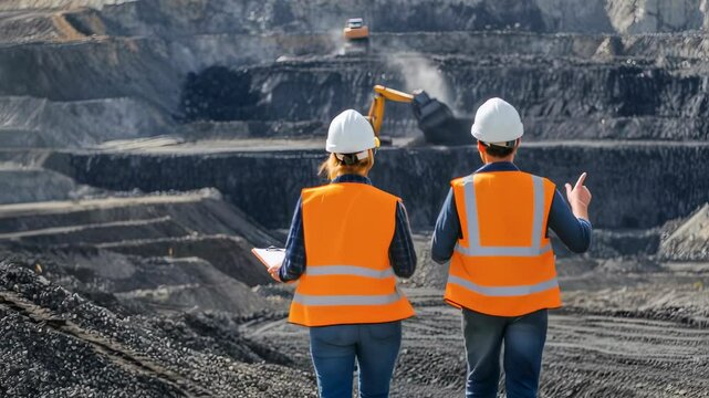 Two caucasian engineers woman and man in orange vests at coal mine looking at open pit mine development in industrial footage, environmental concept video