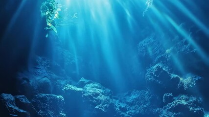 Underwater blue grotto cave footage with sun rays. Seascape motion picture for ocean exploration, diving adventure, tranquility and relaxation videos (165/170)
