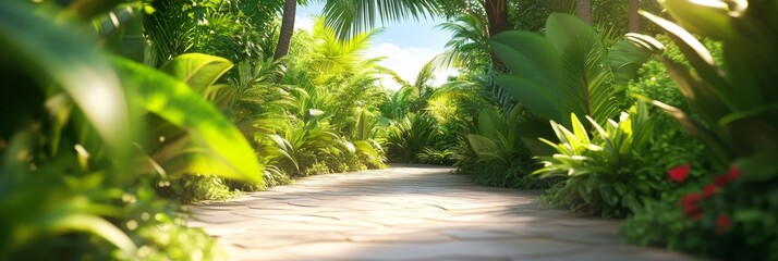 Obraz premium Tropical Garden Path: Sunlit Alleyway - Lush greenery, sunlight, stone path, tranquility, escape. A serene tropical garden scene perfect for relaxation and peaceful contemplation