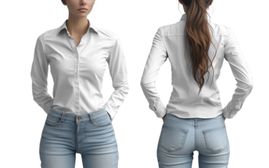 woman wearing white button up shirt and blue jeans, showcasing front and back views