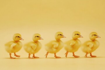 Fototapeta premium Adorable Yellow Ducklings Marching in a Line on a Bright Yellow Background