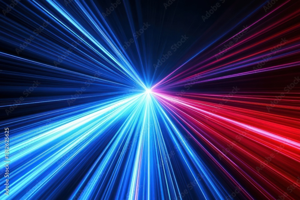 Poster dynamic visual representation of light beams in blue and red colors against dark background