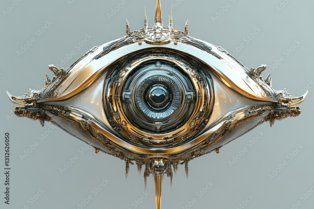 Poster intricate metallic eye design with futuristic elements and detailed patterns