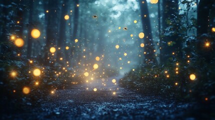 Fototapeta premium Magical lights of fireflies dancing in a dark and mystical forest generative ai