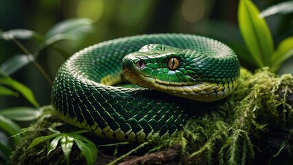 Fototapeta premium Captivating Close-Up of a Green Snake in Its Natural Forest Habitat - Wildlife Photography at Its Finest