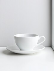 Fototapeta premium White Teacup and Saucer Minimalist Still Life - A pristine white teacup rests on a matching saucer against a bright white background. Simple elegance
