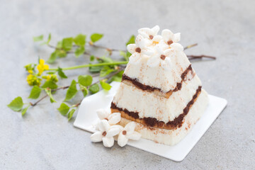 Easter Cottage Cheese Easter dessert with cookies and cocoa in the form of tiramisu. Decorated with...