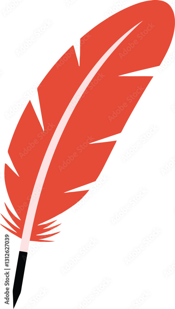 Poster a vibrant red feather with intricate details and a sleek black tip in a minimalistic flat design sty