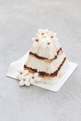 Easter Cottage Cheese Easter dessert with cookies and cocoa in the form of tiramisu. Decorated with white marshmallow flowers. Close up