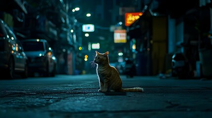 Obraz premium Orange Tabby Cat Sitting Alone on a Dark City Street at Night