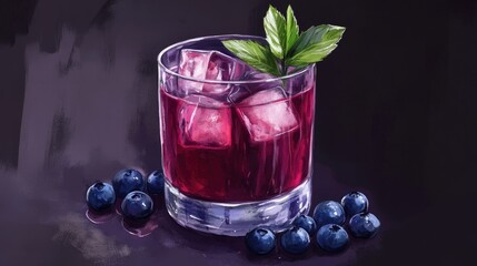 Refreshing berry cocktail with mint leaves and ice in a glass on a dark reflective surface