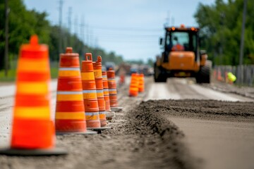 Construction Site with Orange Traffic Cones and Heavy Machinery on Roadwork Project