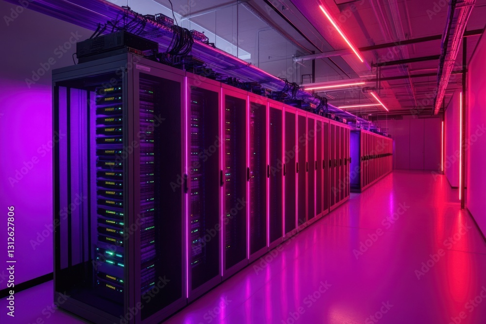 Poster modern data center with neon lights in a high-tech environment for technology and business use