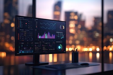 Modern Computer Monitor Displaying Data Analytics and Statistical Graphs in Urban Night Background