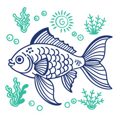 Fototapeta premium Aquatic Delight: An artistic rendition of a goldfish swims elegantly amidst playful bubbles and vibrant aquatic plants, set against an aqua backdrop.