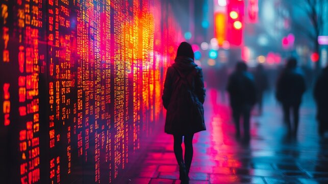 A lone person walking on a neon lit city street at night - Powered by Adobe