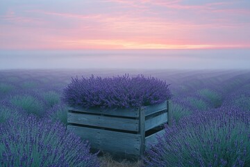 Lavender field at sunrise, misty morning, wooden crate filled with purple lavender flowers.