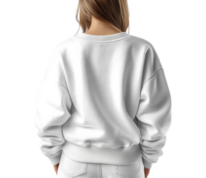 woman wearing white sweatshirt from back, showcasing casual style