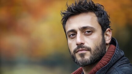 Fototapeta premium Portrait of a Man with Water Droplets on his Face Against a Blurred Autumn Background