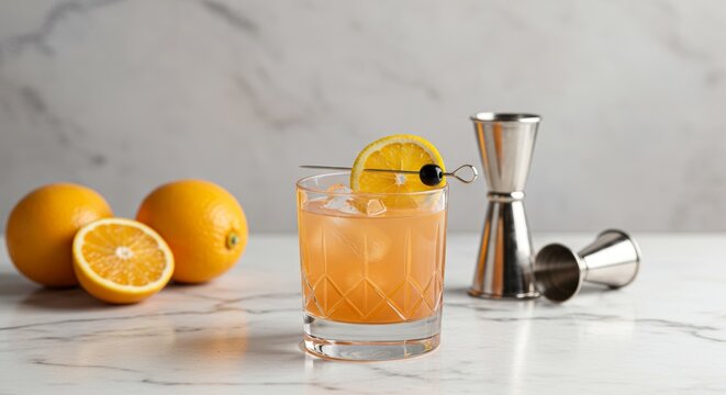 A bright, airy photograph of a meticulously crafted cocktail with a vibrant citrus garnish, placed on a white marble countertop with ample empty space around it