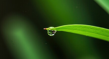Water Drop Hanging on a Green Leaf in Natural Light
