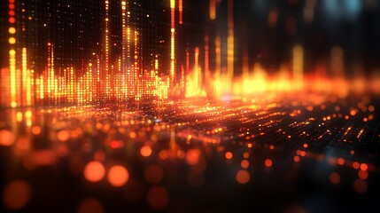Abstract digital display of glowing orange and yellow lights is presented