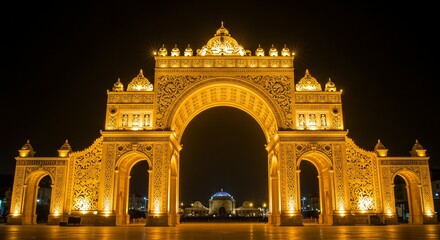 Fototapeta premium Majestic gold arch with intricate detailing, illuminated by elegant light effects, creating a warm and captivating glow