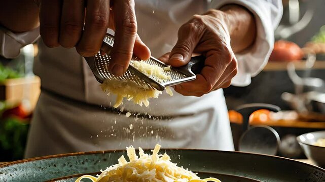 Chef grating fresh parmesan cheese onto a hot pasta dish in a professional kitchen
